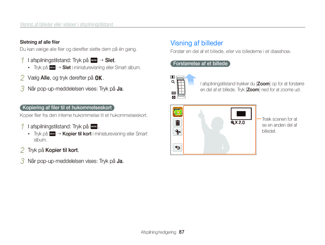 Samsung EC-ST65ZZBPRE2 Visning af billeder, Afspilningstilstand Tryk på m “ Slet, Kopiering af ﬁler til et hukommelseskort 