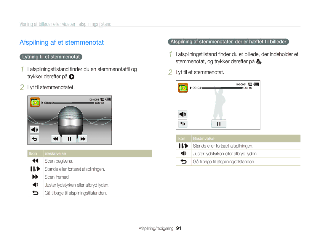 Samsung EC-ST65ZZBPRE2 manual Afspilning af et stemmenotat, Lyt til et stemmenotat, Lytning til et stemmenotat, Scan fremad 