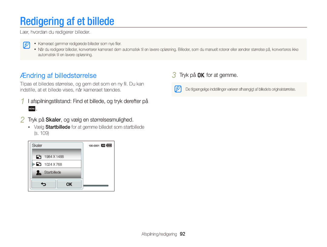 Samsung EC-ST65ZZBPSE2 manual Redigering af et billede, Ændring af billedstørrelse, Lær, hvordan du redigerer billeder 