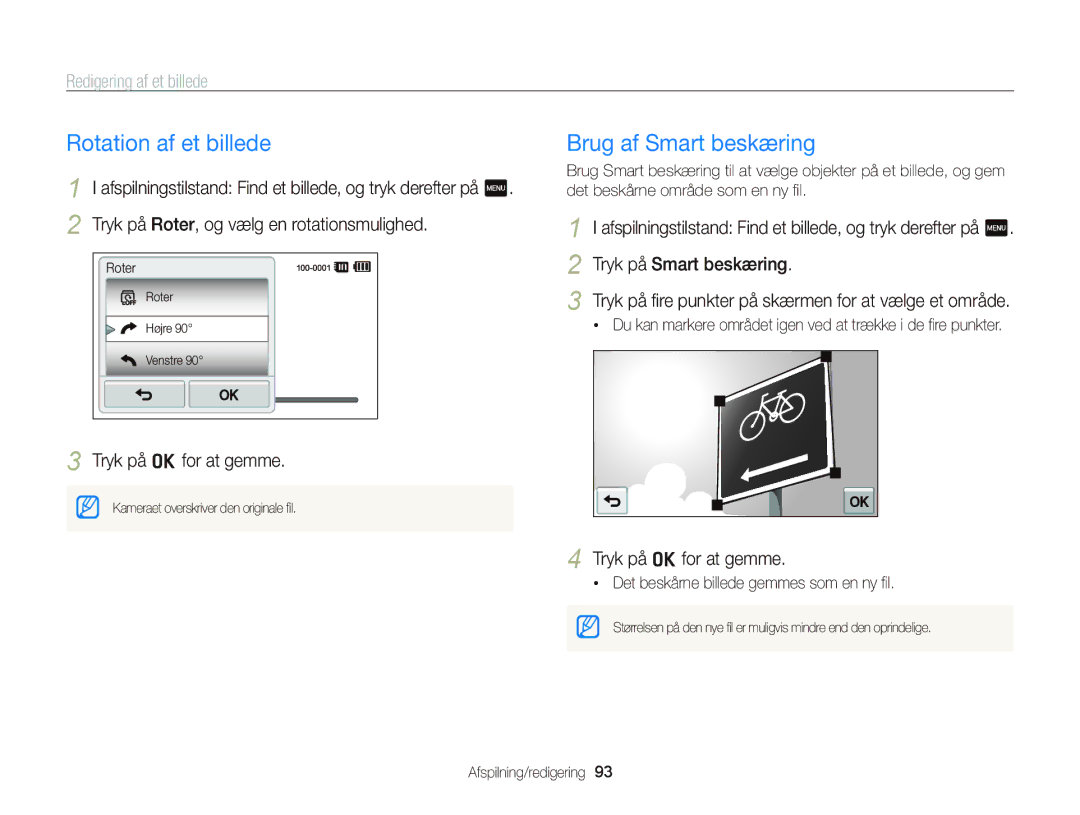 Samsung EC-ST65ZZBPUE2, EC-ST65ZZBPRE2 manual Rotation af et billede, Brug af Smart beskæring, Redigering af et billede 