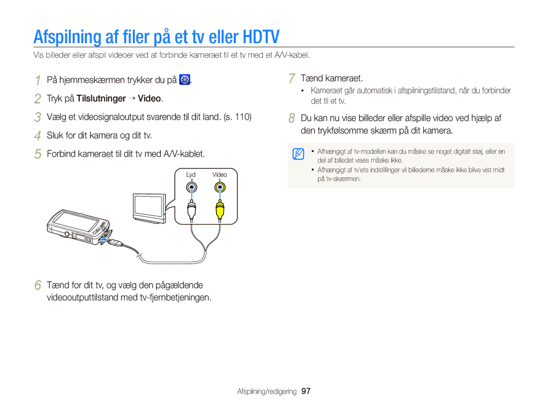 Samsung EC-ST65ZZBPUE2, EC-ST65ZZBPRE2, EC-ST65ZZBPSE2, EC-ST65ZZBPEE2 Afspilning af ﬁler på et tv eller Hdtv, Tænd kameraet 