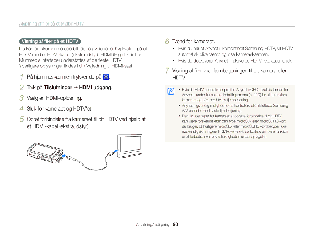 Samsung EC-ST65ZZBPEE2, EC-ST65ZZBPRE2, EC-ST65ZZBPSE2, EC-ST65ZZBPUE2 manual Afspilning af ﬁler på et tv eller Hdtv 