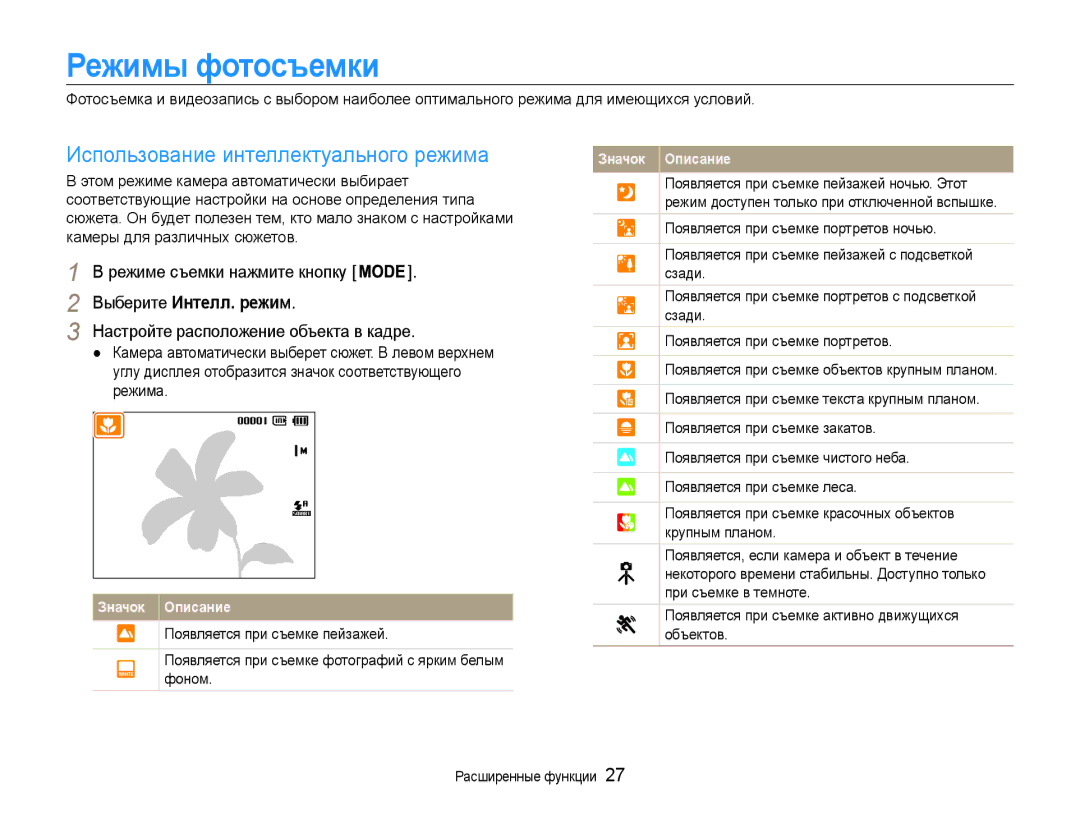 Samsung EC-ST65ZZBPRRU, EC-ST65ZZBPRE2 Режимы фотосъемки, Использование интеллектуального режима, Выберите Интелл. режим 