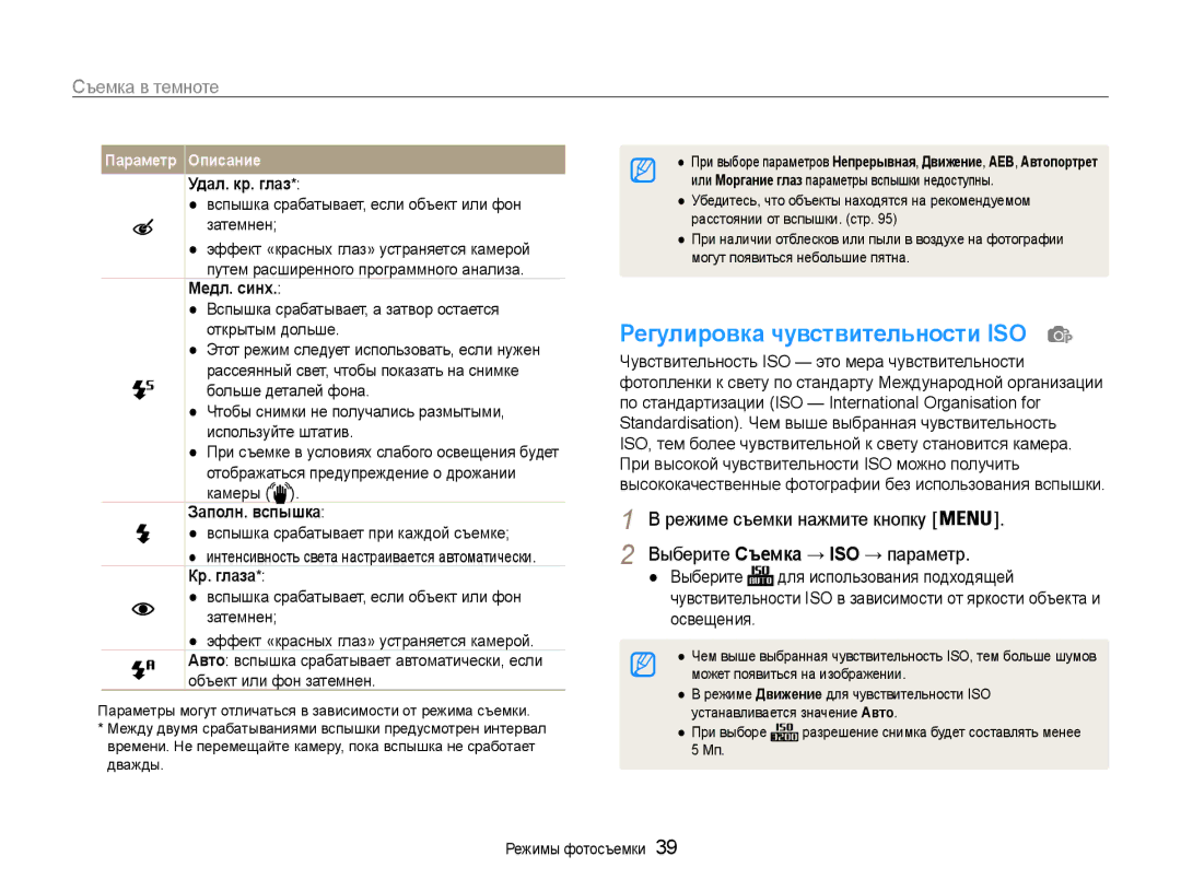 Samsung EC-ST65ZZBPRRU Регулировка чувствительности ISO, Удал. кр. глаз, Вспышка срабатывает при каждой съемке, Кр. глаза 