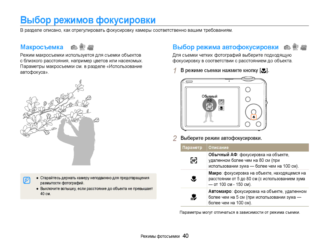 Samsung EC-ST65ZZBPSRU manual Выбор режимов фокусировки, Макросъемка, Выбор режима автофокусировки, От 100 см 150 см 