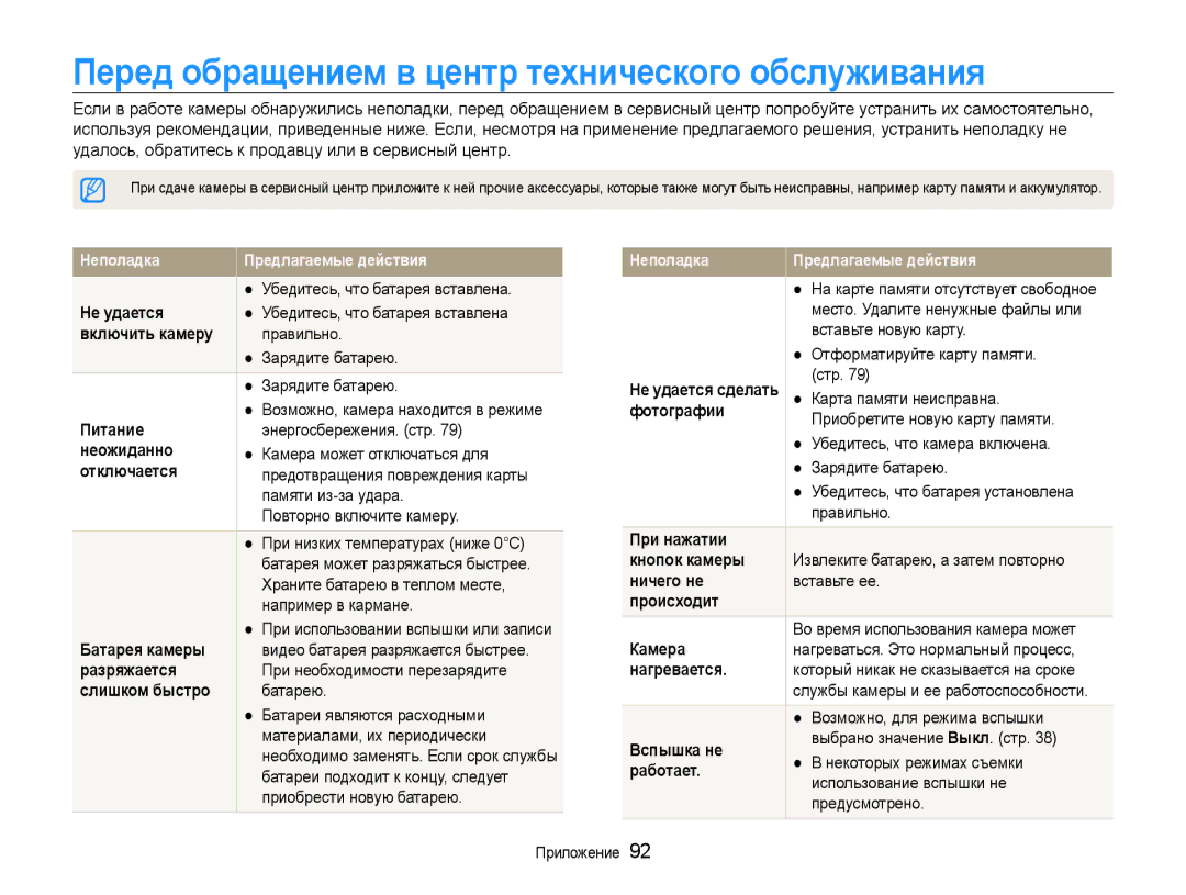 Samsung EC-ST65ZZBPURU manual Перед обращением в центр технического обслуживания, Не удается, Включить камеру Правильно 