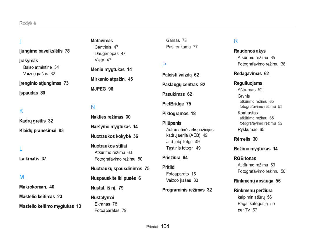 Samsung EC-ST65ZZBPRE2, EC-ST65ZZBPSE2, EC-ST65ZZBPUE2 Rodyklė, Balso atmintinė Vaizdo įrašas, Aštrumas Grynis, Ryškumas 