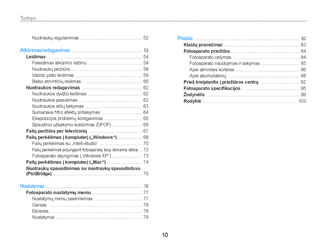 Samsung EC-ST65ZZBPUE2, EC-ST65ZZBPRE2, EC-ST65ZZBPSE2 manual Turinys, Failų perkėlimas į kompiuterį „Windows 