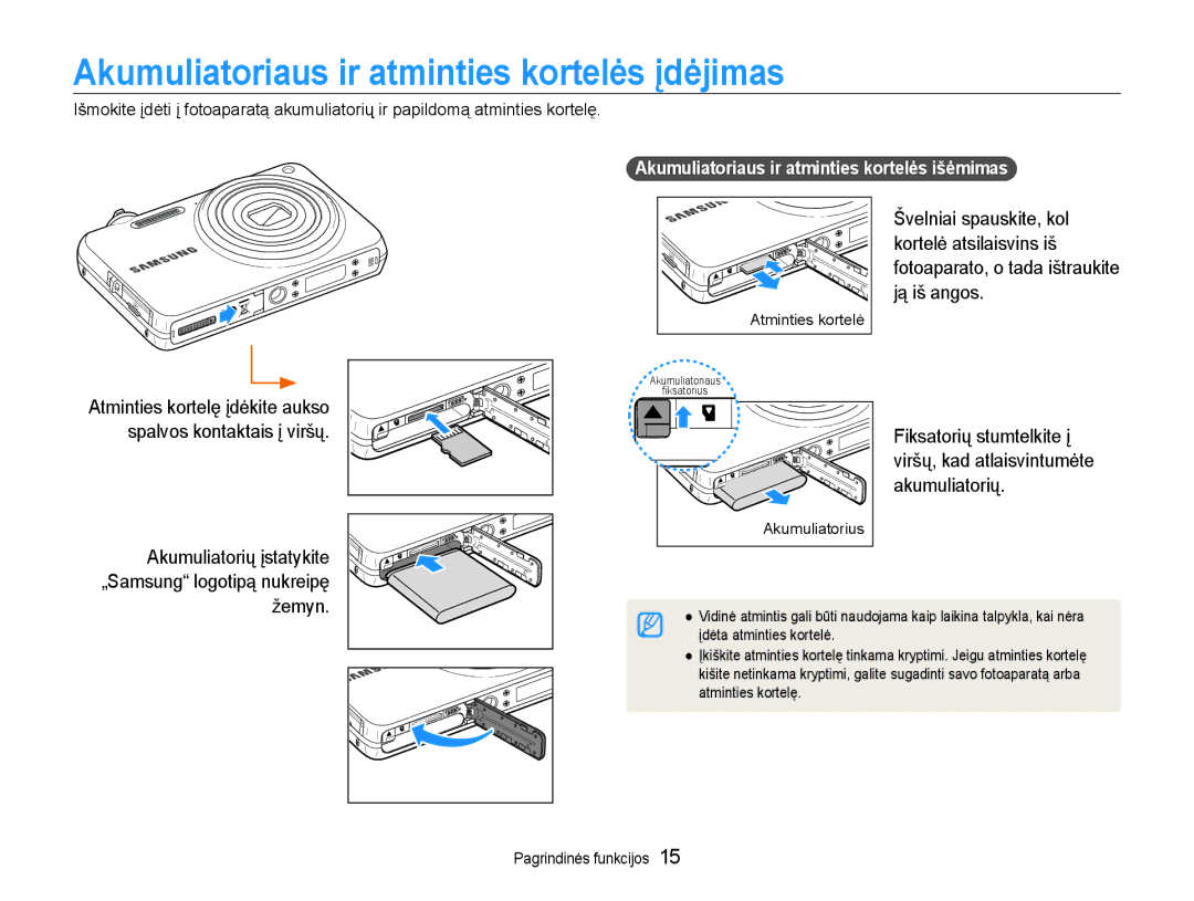 Samsung EC-ST65ZZBPSE2 Akumuliatoriaus ir atminties kortelės įdėjimas, Akumuliatoriaus ir atminties kortelės išėmimas 