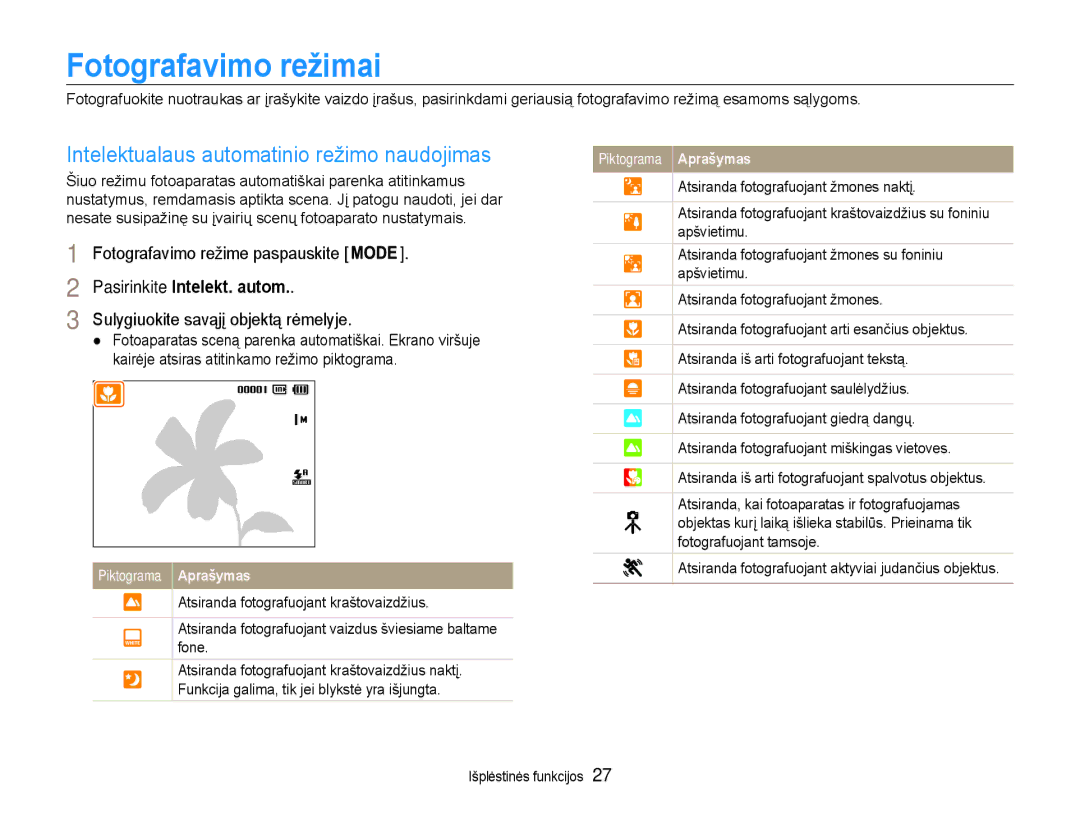Samsung EC-ST65ZZBPSE2 Fotografavimo režimai, Intelektualaus automatinio režimo naudojimas, Pasirinkite Intelekt. autom 