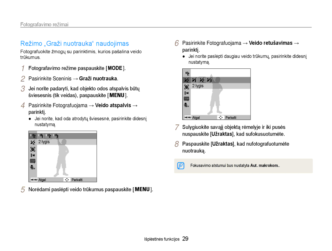 Samsung EC-ST65ZZBPRE2 manual Režimo „Graži nuotrauka naudojimas, Pasirinkite Fotografuojama → Veido atspalvis → parinktį 