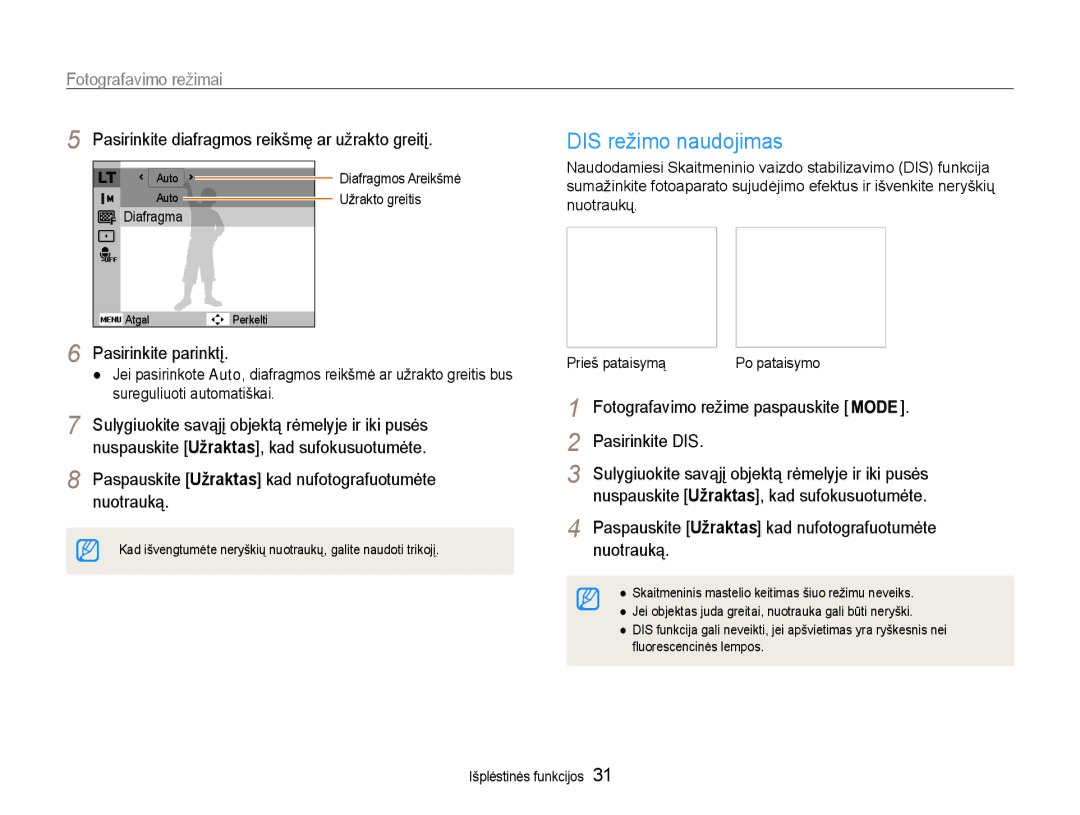 Samsung EC-ST65ZZBPUE2, EC-ST65ZZBPRE2, EC-ST65ZZBPSE2 manual DIS režimo naudojimas 