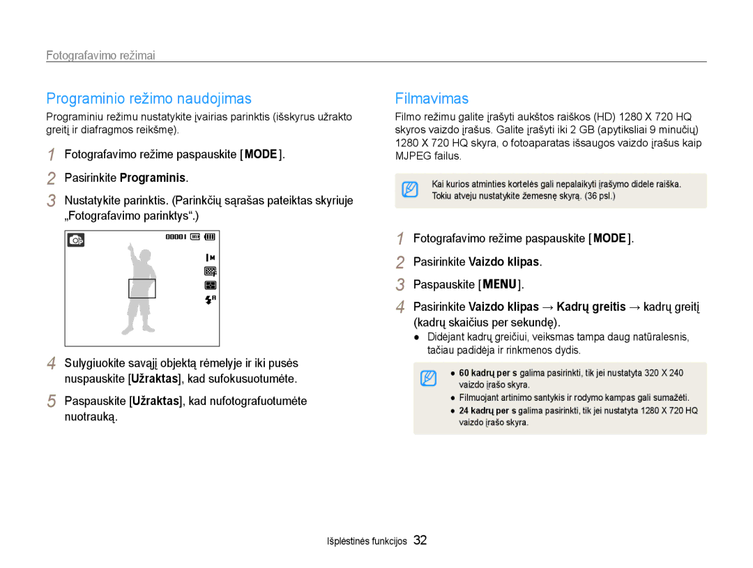 Samsung EC-ST65ZZBPRE2 manual Programinio režimo naudojimas, Filmavimas, Pasirinkite Programinis, „Fotografavimo parinktys 