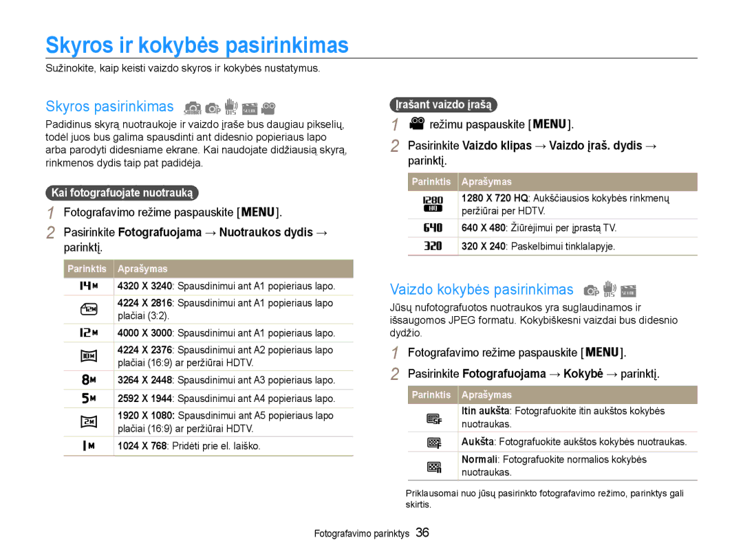 Samsung EC-ST65ZZBPSE2 manual Skyros ir kokybės pasirinkimas, Skyros pasirinkimas, Vaizdo kokybės pasirinkimas, Parinktį 