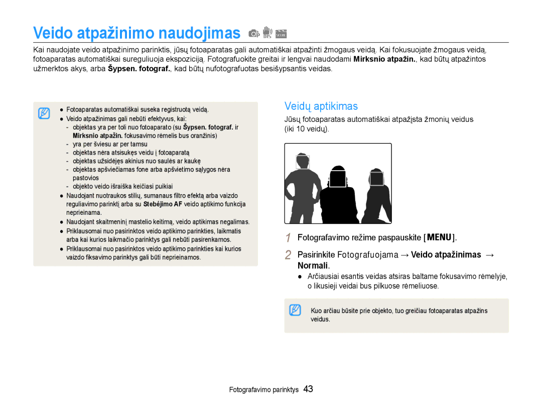 Samsung EC-ST65ZZBPUE2, EC-ST65ZZBPRE2, EC-ST65ZZBPSE2 manual Veido atpažinimo naudojimas, Veidų aptikimas, Normali 