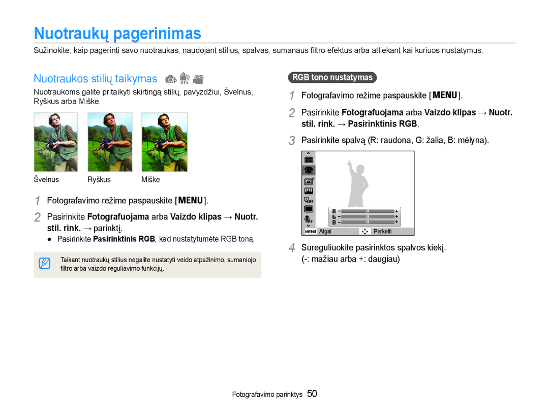 Samsung EC-ST65ZZBPRE2, EC-ST65ZZBPSE2 manual Nuotraukų pagerinimas, Nuotraukos stilių taikymas, Stil. rink. → parinktį 