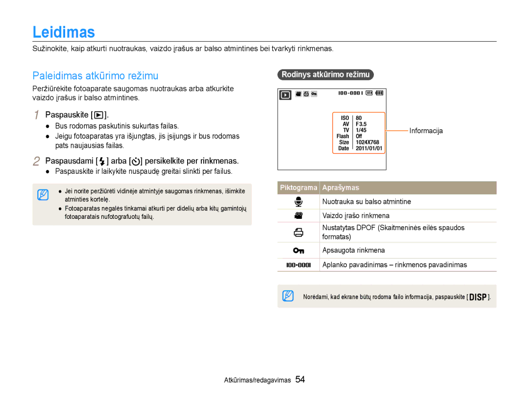 Samsung EC-ST65ZZBPSE2 Leidimas, Paleidimas atkūrimo režimu, Paspausdami arba persikelkite per rinkmenas, Informacija 