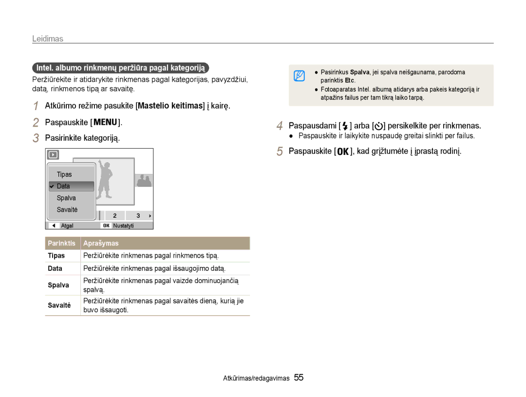 Samsung EC-ST65ZZBPUE2 Leidimas, Paspauskite Pasirinkite kategoriją, Intel. albumo rinkmenų peržiūra pagal kategoriją 