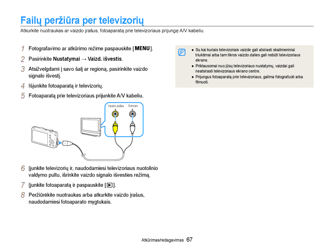 Samsung EC-ST65ZZBPUE2, EC-ST65ZZBPRE2 manual Failų peržiūra per televizorių, Fotografavimo ar atkūrimo režime paspauskite 