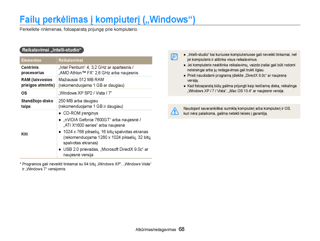 Samsung EC-ST65ZZBPRE2, EC-ST65ZZBPSE2, EC-ST65ZZBPUE2 Failų perkėlimas į kompiuterį „Windows, Reikalavimai „Intelli-studio 