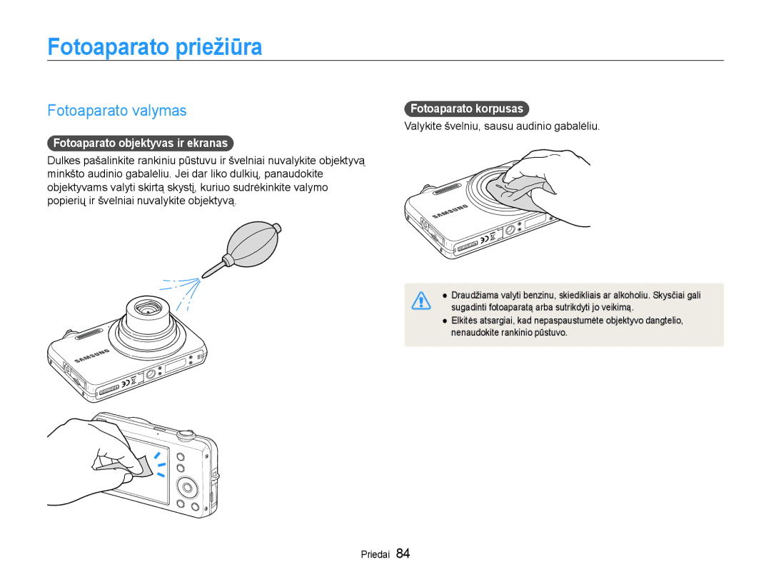 Samsung EC-ST65ZZBPSE2 Fotoaparato priežiūra, Fotoaparato valymas, Fotoaparato objektyvas ir ekranas, Fotoaparato korpusas 