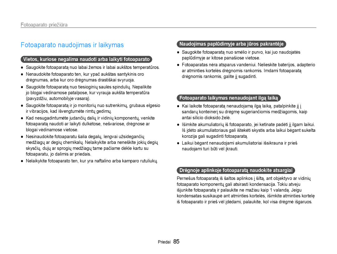 Samsung EC-ST65ZZBPUE2, EC-ST65ZZBPRE2, EC-ST65ZZBPSE2 manual Fotoaparato naudojimas ir laikymas, Fotoaparato priežiūra 