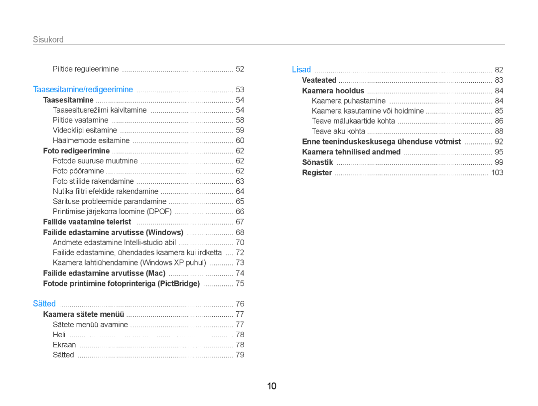 Samsung EC-ST65ZZBPUE2, EC-ST65ZZBPRE2, EC-ST65ZZBPSE2 manual Sisukord﻿, Failide edastamine arvutisse Windows 