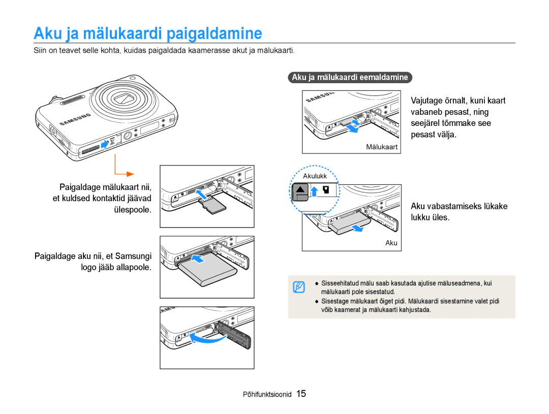 Samsung EC-ST65ZZBPSE2, EC-ST65ZZBPRE2, EC-ST65ZZBPUE2 manual Aku ja mälukaardi paigaldamine, Aku ja mälukaardi eemaldamine 