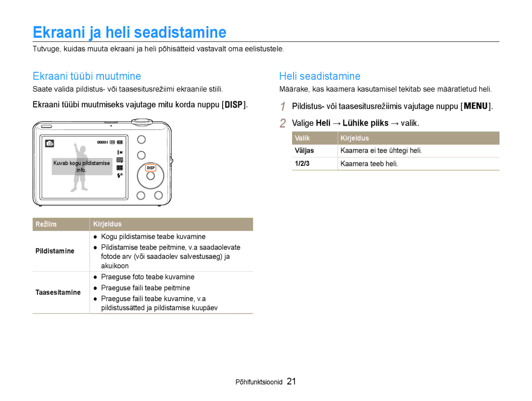 Samsung EC-ST65ZZBPSE2, EC-ST65ZZBPRE2 manual Ekraani ja heli seadistamine, Ekraani tüübi muutmine, Heli seadistamine 