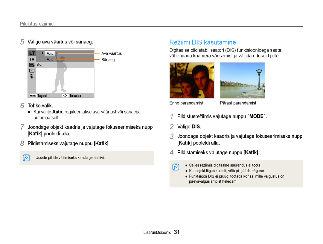 Samsung EC-ST65ZZBPUE2 manual Režiimi DIS kasutamine, Valige ava väärtus või säriaeg, Tehke valik, Enne parandamist 