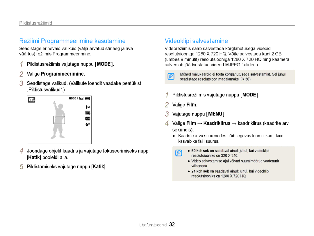 Samsung EC-ST65ZZBPRE2 Režiimi Programmeerimine kasutamine, Videoklipi salvestamine, Valige Programmeerimine, Sekundis 