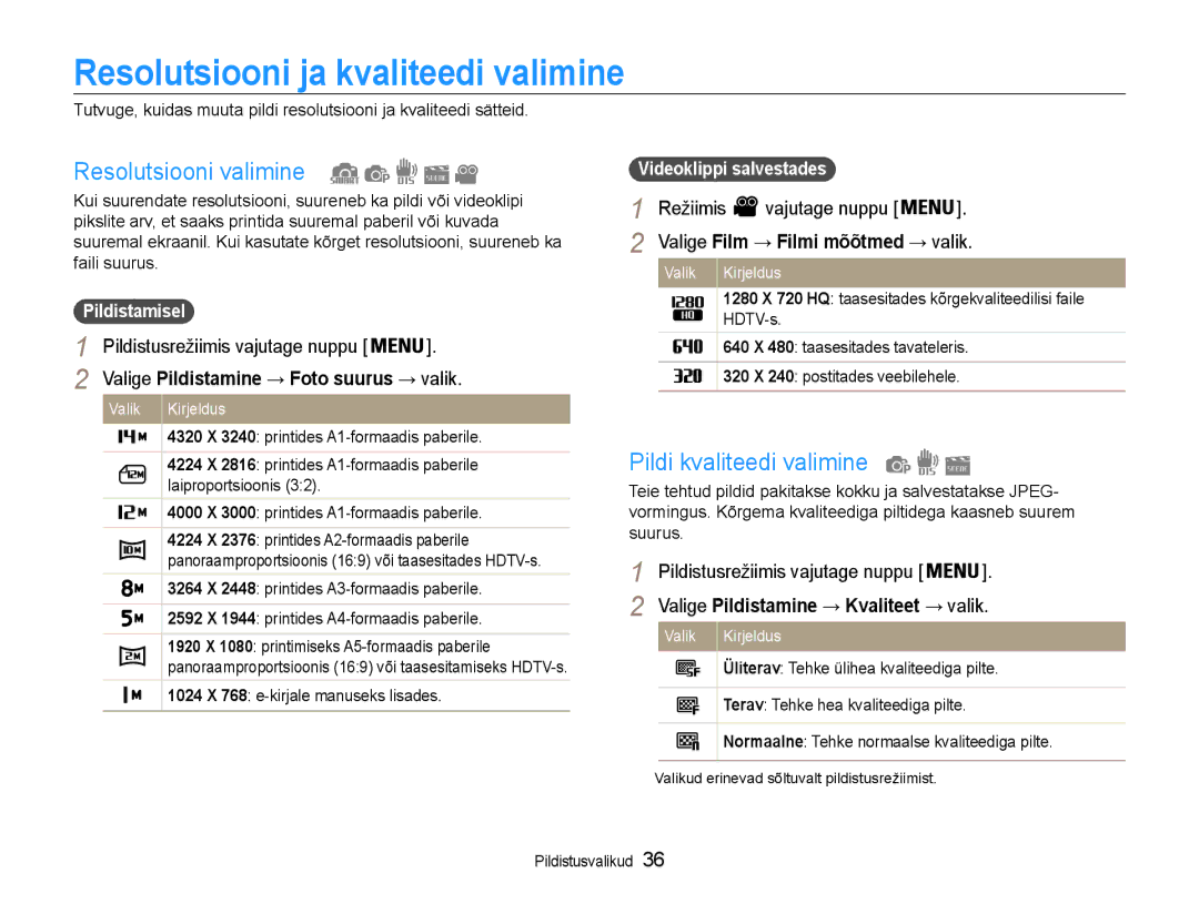 Samsung EC-ST65ZZBPSE2 manual Resolutsiooni ja kvaliteedi valimine, Resolutsiooni valimine, Pildi kvaliteedi valimine 