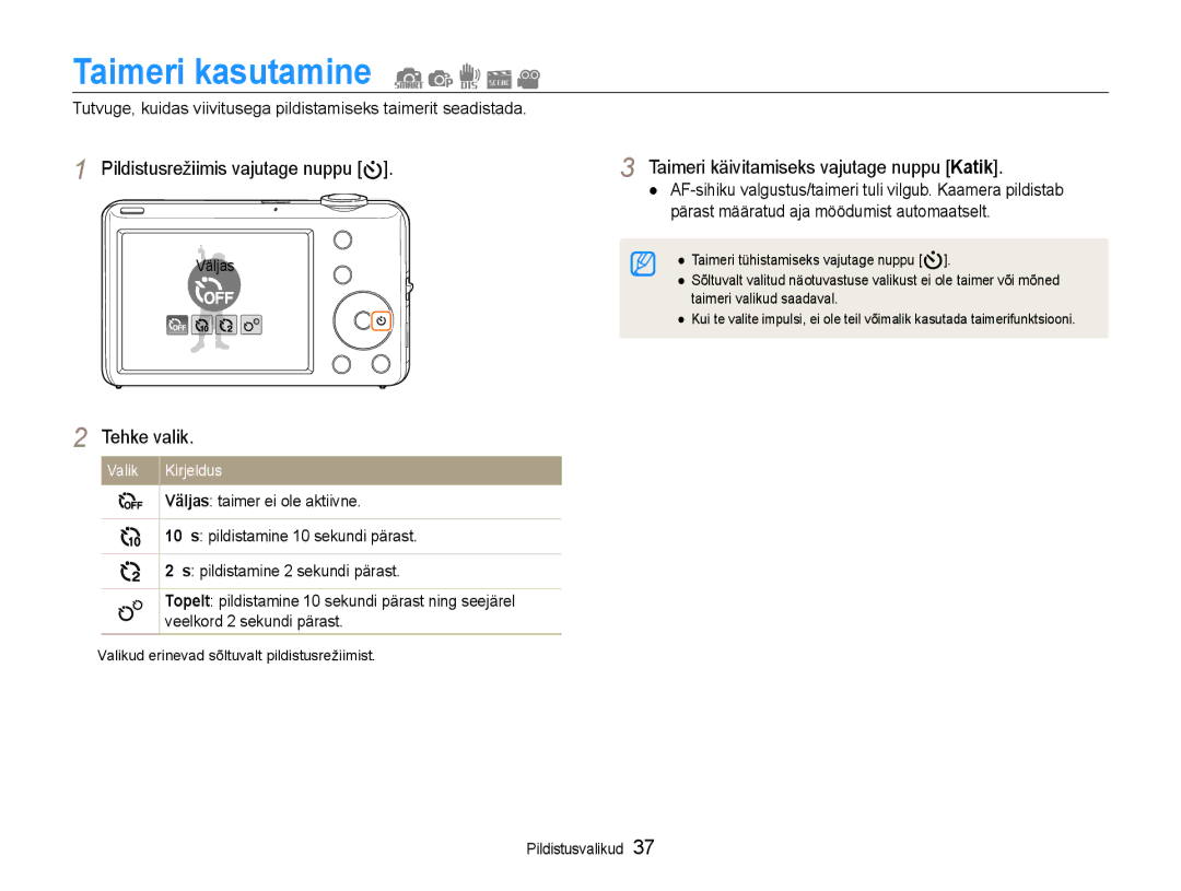 Samsung EC-ST65ZZBPUE2, EC-ST65ZZBPRE2, EC-ST65ZZBPSE2 manual Taimeri kasutamine, Taimeri käivitamiseks vajutage nuppu Katik 