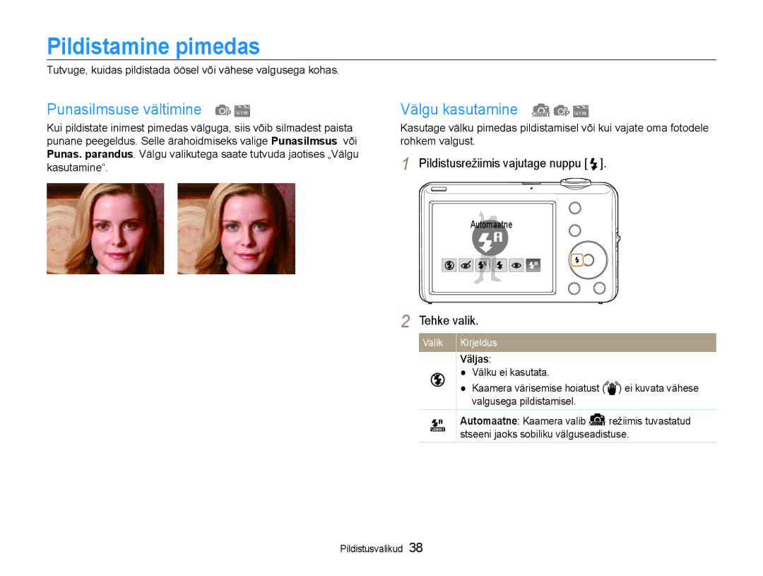 Samsung EC-ST65ZZBPRE2, EC-ST65ZZBPSE2 manual Pildistamine pimedas, Punasilmsuse vältimine, Välgu kasutamine, Väljas 