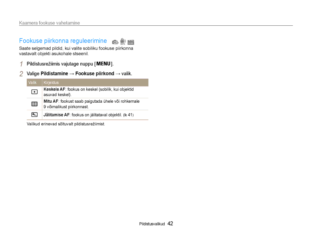 Samsung EC-ST65ZZBPSE2, EC-ST65ZZBPRE2 Fookuse piirkonna reguleerimine, Valige Pildistamine → Fookuse piirkond → valik 