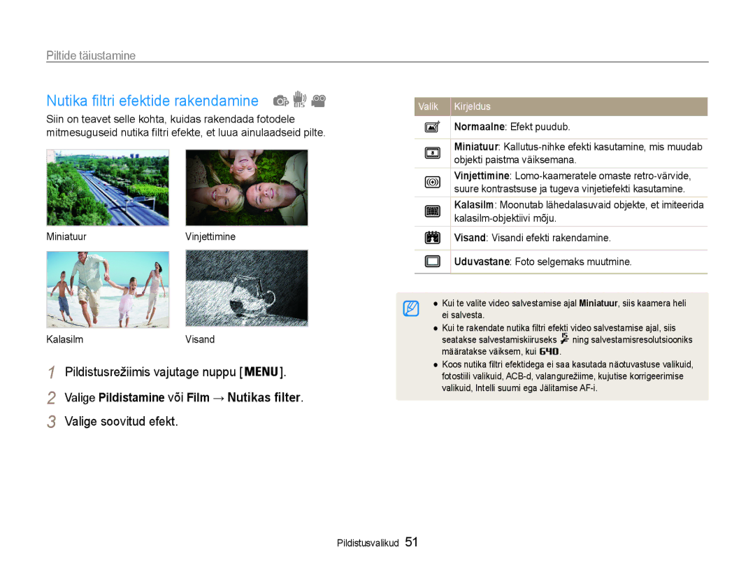 Samsung EC-ST65ZZBPSE2 manual Nutika filtri efektide rakendamine, Piltide täiustamine, MiniatuurVinjettimine KalasilmVisand 