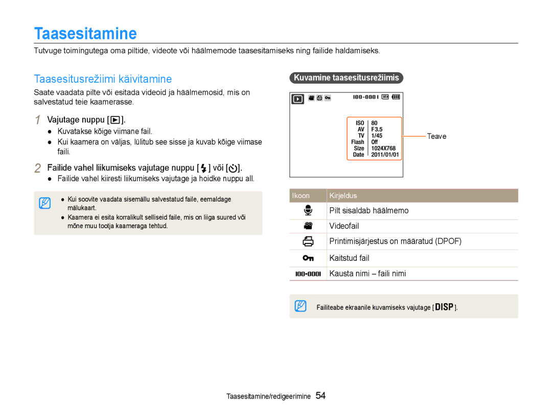 Samsung EC-ST65ZZBPSE2 Taasesitamine, Taasesitusrežiimi käivitamine, Failide vahel liikumiseks vajutage nuppu või, Teave 