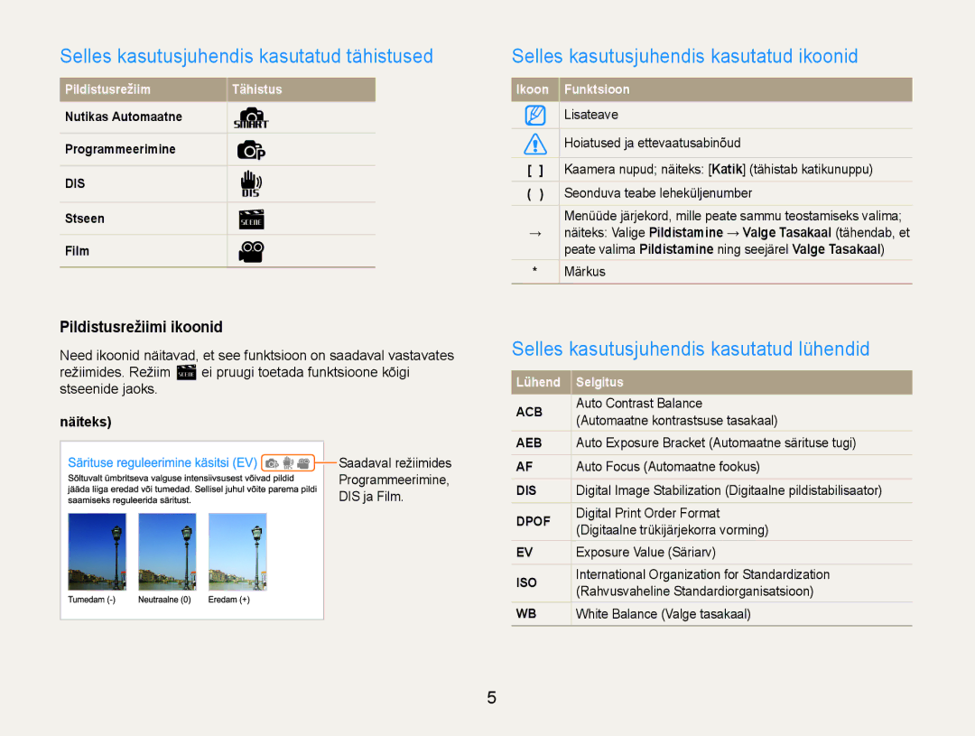 Samsung EC-ST65ZZBPRE2 manual Selles kasutusjuhendis kasutatud tähistused, Selles kasutusjuhendis kasutatud ikoonid 