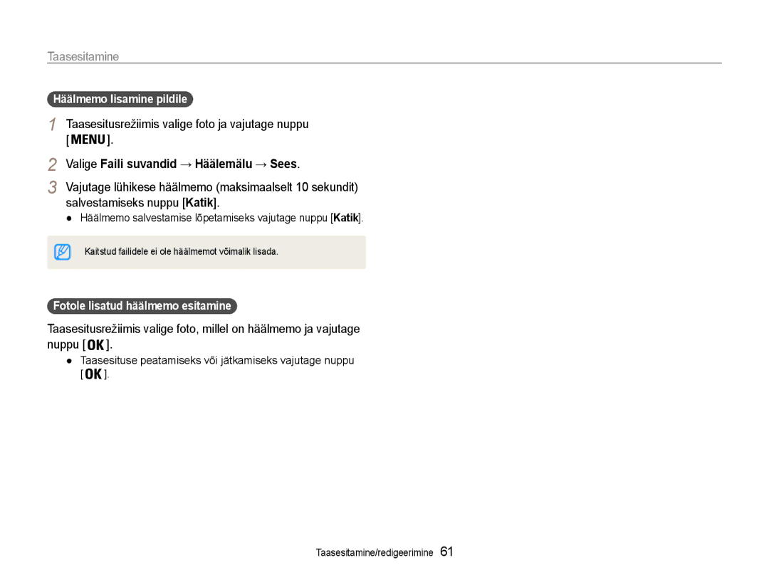 Samsung EC-ST65ZZBPUE2 manual Taasesitusrežiimis valige foto ja vajutage nuppu, Valige Faili suvandid → Häälemälu → Sees 