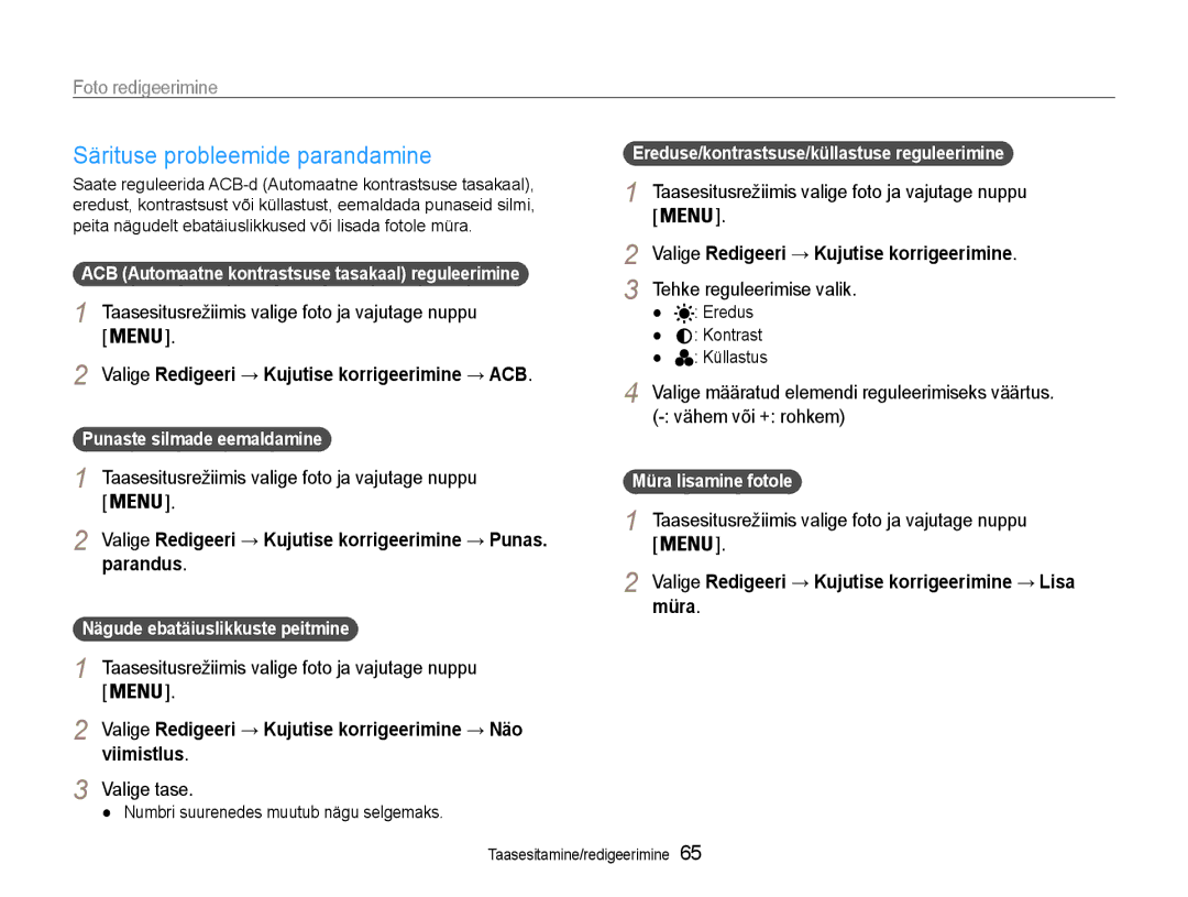 Samsung EC-ST65ZZBPRE2, EC-ST65ZZBPSE2 Särituse probleemide parandamine, Valige Redigeeri → Kujutise korrigeerimine → ACB 