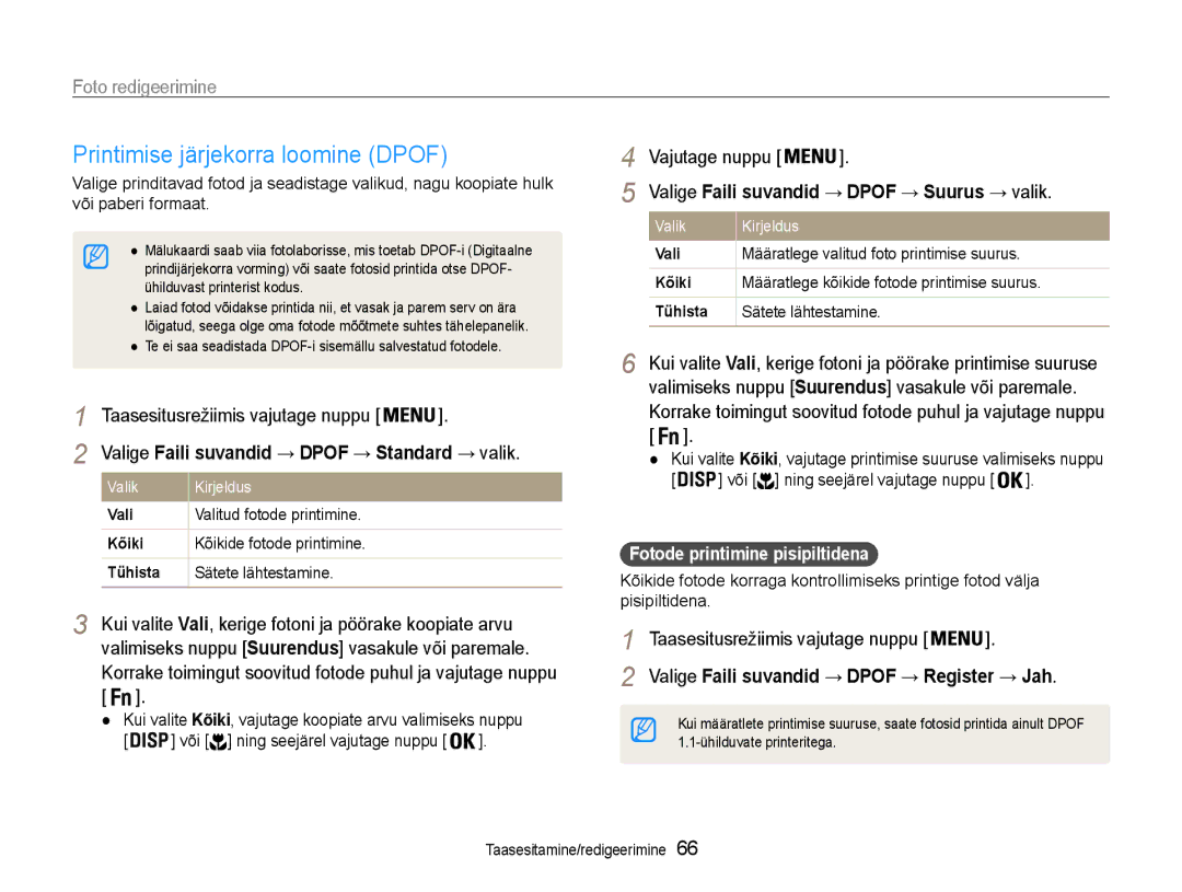 Samsung EC-ST65ZZBPSE2 manual Printimise järjekorra loomine Dpof, Korrake toimingut soovitud fotode puhul ja vajutage nuppu 