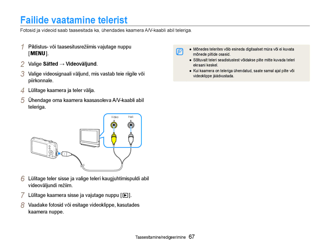 Samsung EC-ST65ZZBPUE2, EC-ST65ZZBPRE2, EC-ST65ZZBPSE2 manual Failide vaatamine telerist, Valige Sätted → Videoväljund 