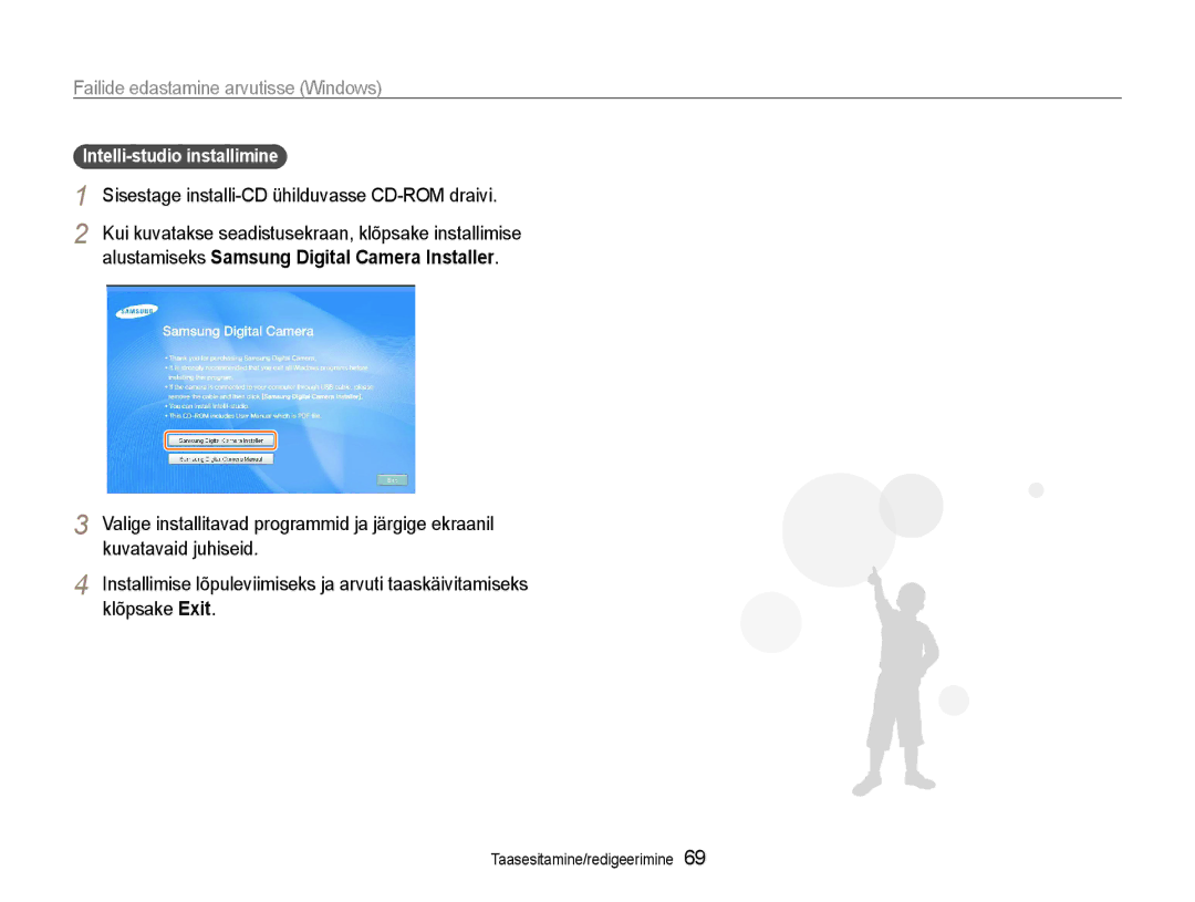 Samsung EC-ST65ZZBPSE2 manual Failide edastamine arvutisse Windows, Sisestage installi-CD ühilduvasse CD-ROM draivi 