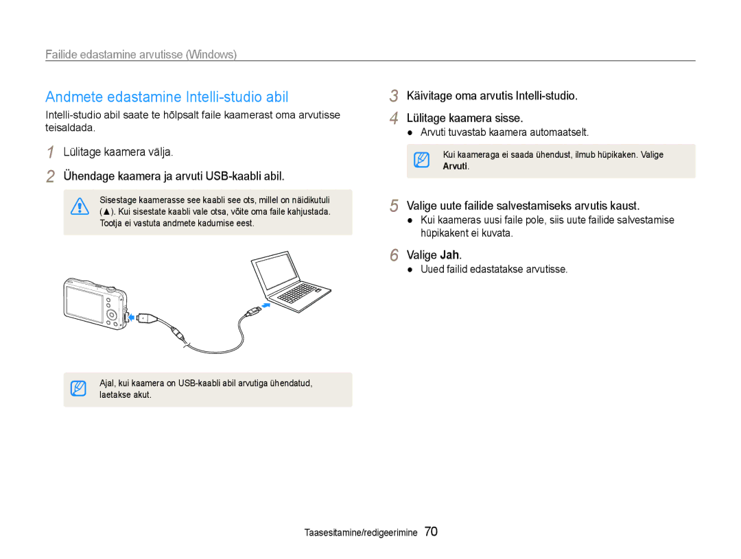 Samsung EC-ST65ZZBPUE2 Andmete edastamine Intelli-studio abil, Käivitage oma arvutis Intelli-studio Lülitage kaamera sisse 