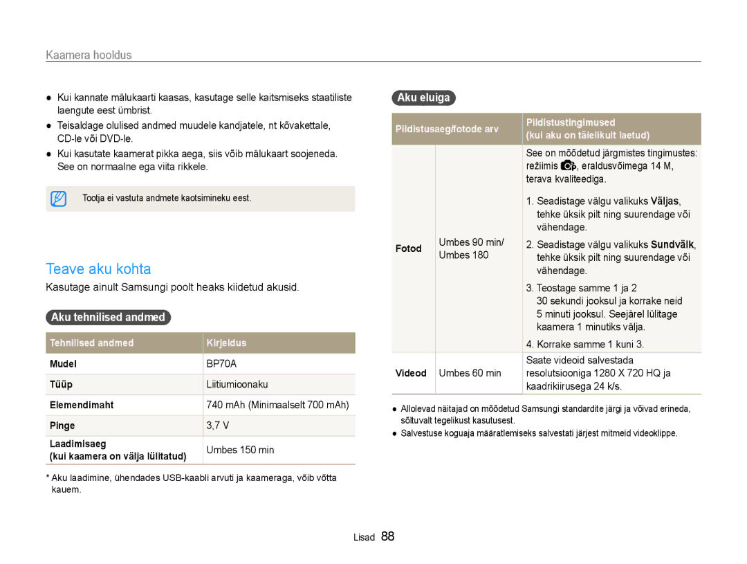 Samsung EC-ST65ZZBPUE2, EC-ST65ZZBPRE2 Teave aku kohta, Aku tehnilised andmed, Liitiumioonaku, Umbes 150 min, Aku eluiga 