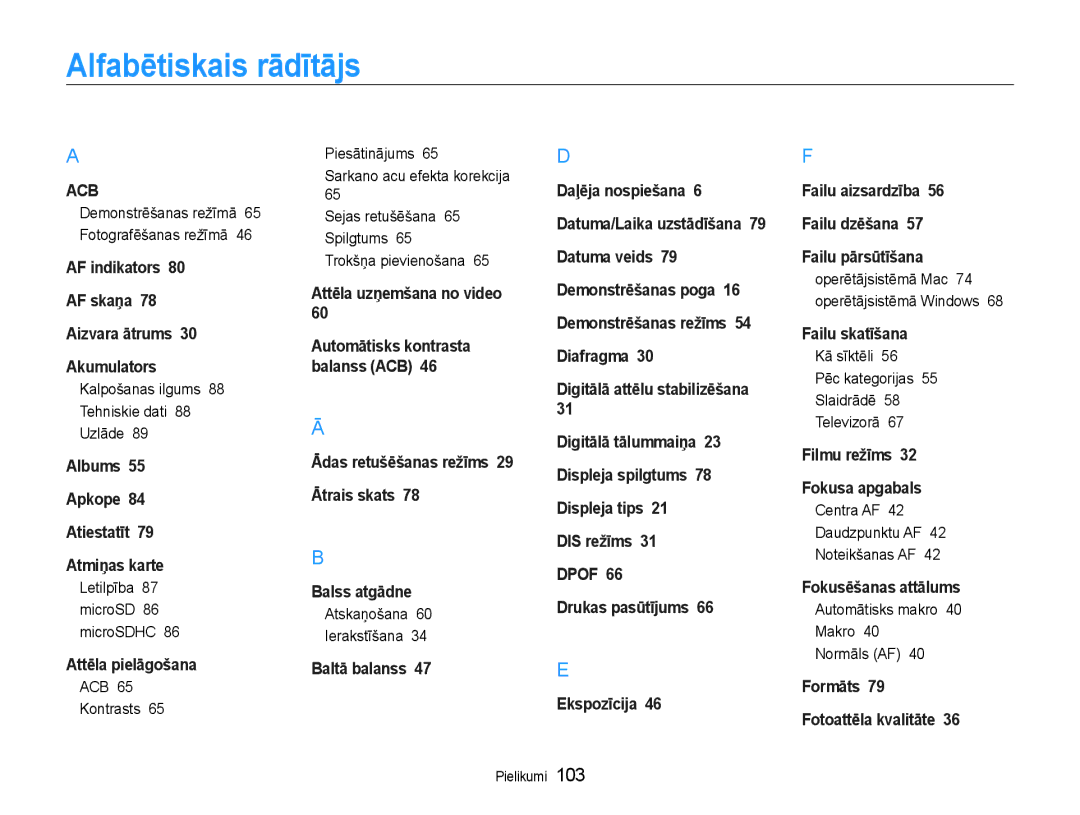 Samsung EC-ST65ZZBPUE2, EC-ST65ZZBPRE2, EC-ST65ZZBPSE2 manual Alfabētiskais rādītājs 