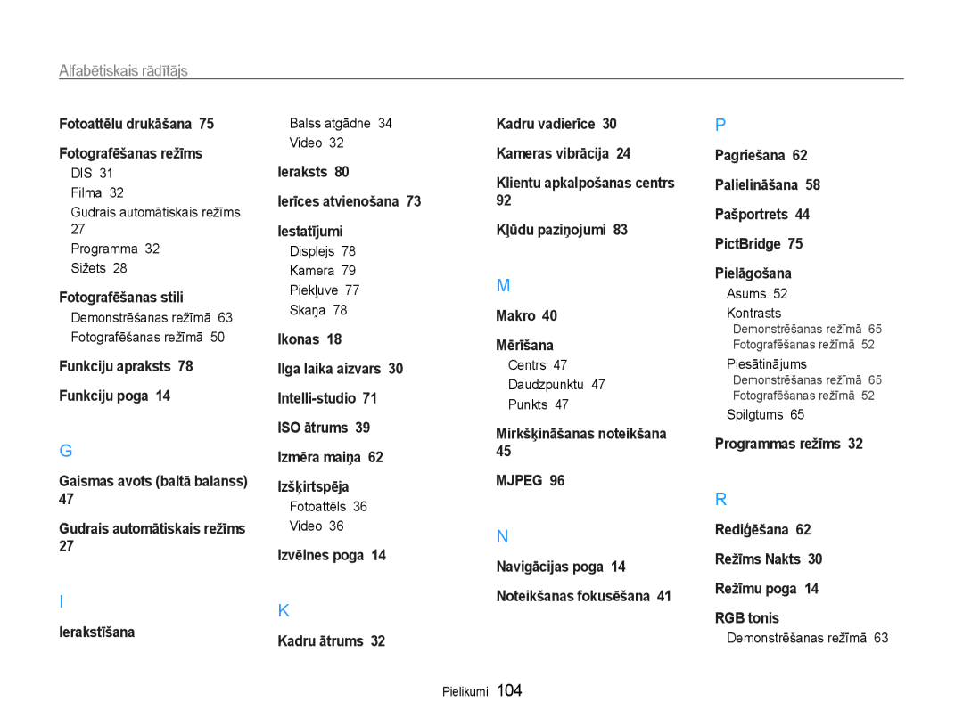 Samsung EC-ST65ZZBPRE2, EC-ST65ZZBPSE2, EC-ST65ZZBPUE2 manual Alfabētiskais rādītājs 