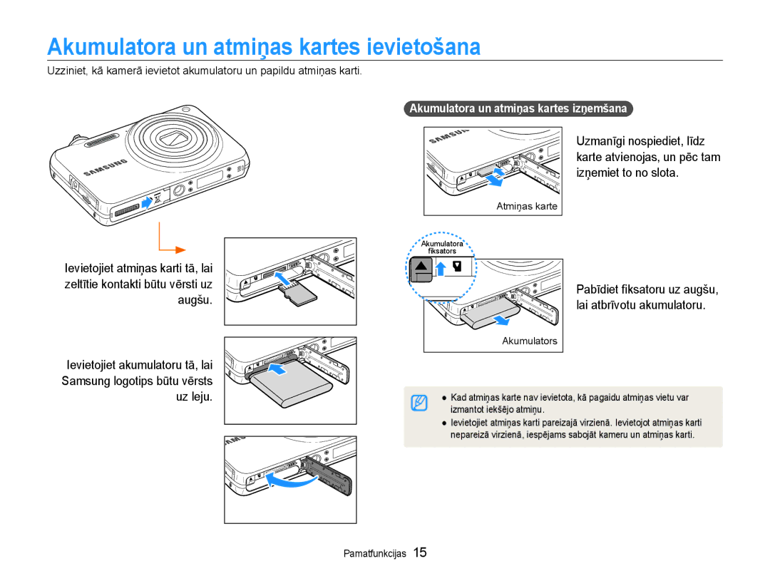 Samsung EC-ST65ZZBPSE2 manual Akumulatora un atmiņas kartes ievietošana, Izņemiet to no slota, Uzmanīgi nospiediet, līdz 