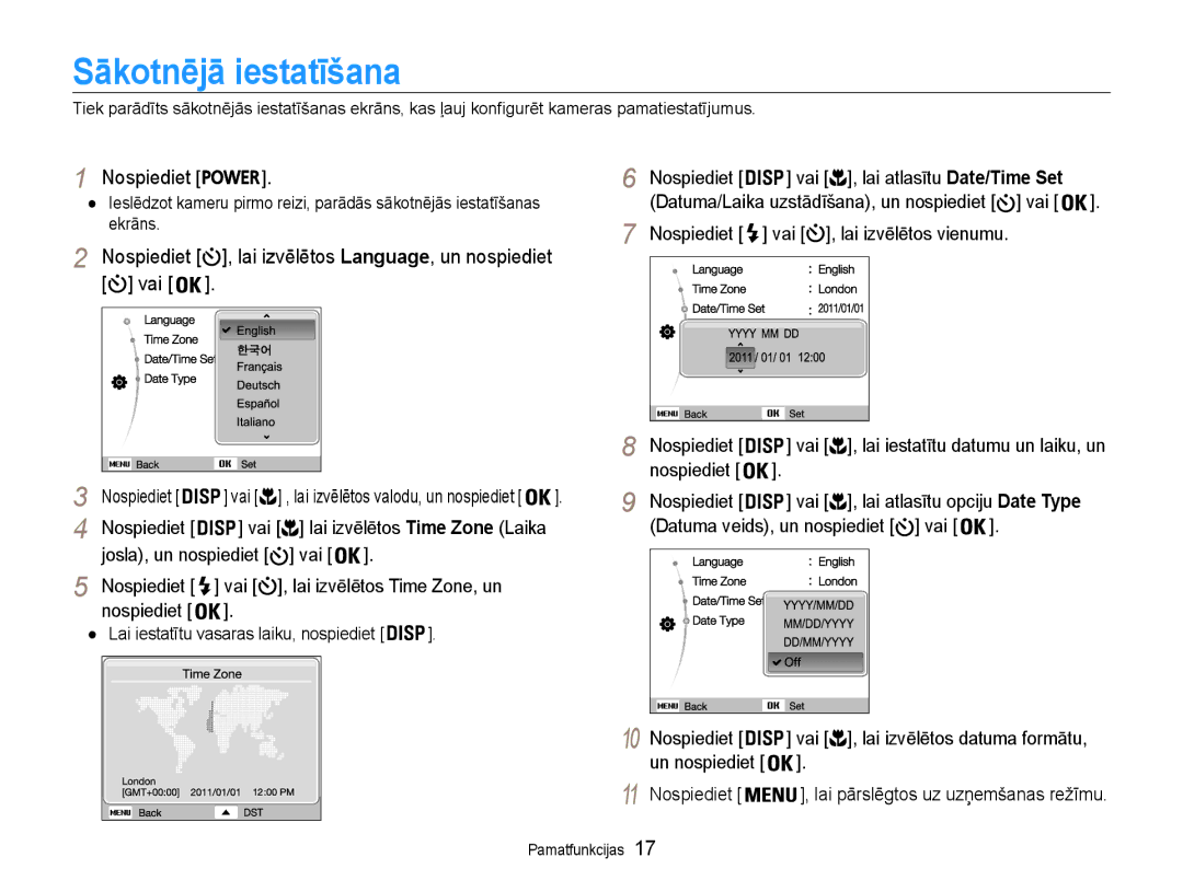 Samsung EC-ST65ZZBPRE2, EC-ST65ZZBPSE2, EC-ST65ZZBPUE2 Sākotnējā iestatīšana, Nospiediet Vai , lai izvēlētos vienumu 