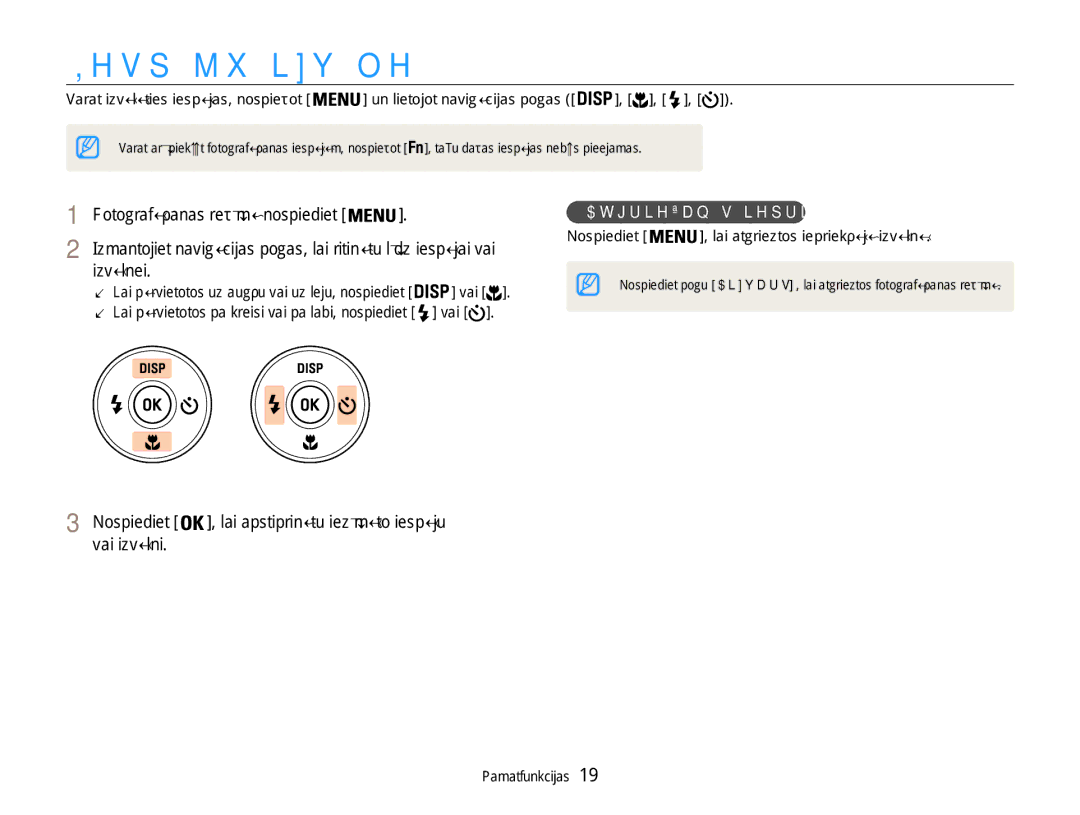 Samsung EC-ST65ZZBPUE2, EC-ST65ZZBPRE2 manual Iespēju izvēle, Izvēlnei, Vai izvēlni, Atgriešanās iepriekšējā izvēlnē 